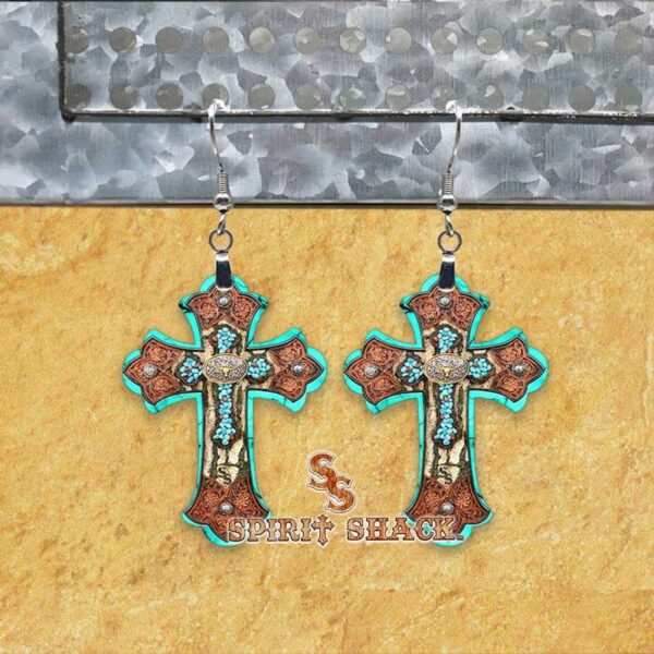 Western Tooled Leather & Buckle Cross Earrings